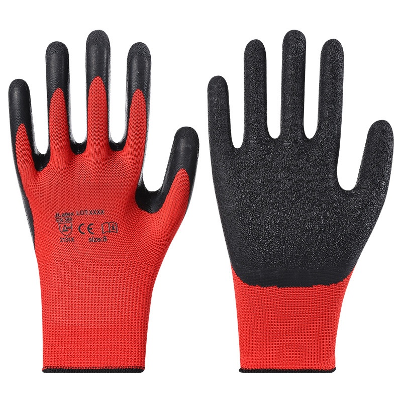SKU-01-毅达星红黑皱_副本 13G red polyestershell, black crinklelatexpalm coatedgloves - Image 1